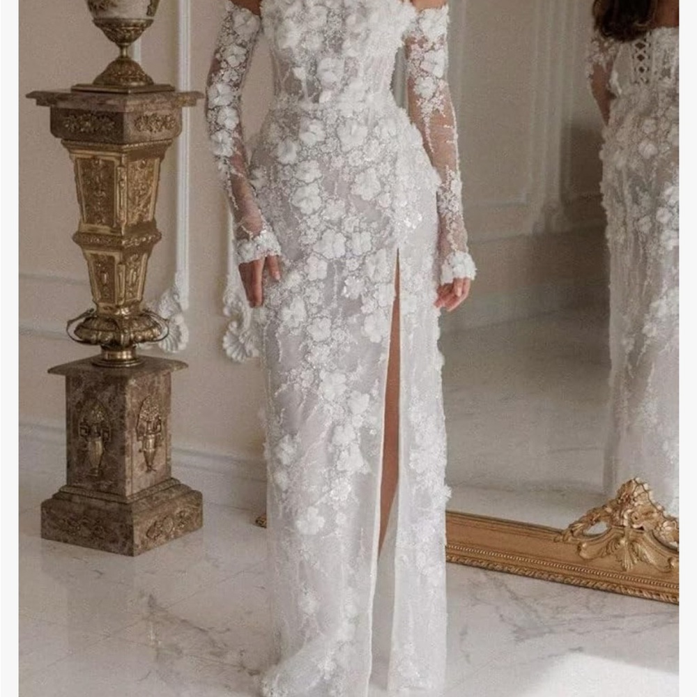 Amazon White Lace Floral Off-Shoulder Bridal Dress with Thigh Slit